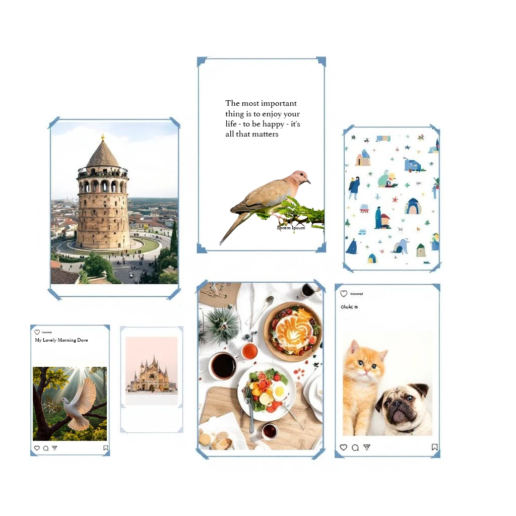A collage of seven images including a tower, a bird with a quote about"Follow Back," illustrated people outdoors, a dove, a castle, a breakfast spread, and a cat with a dog.