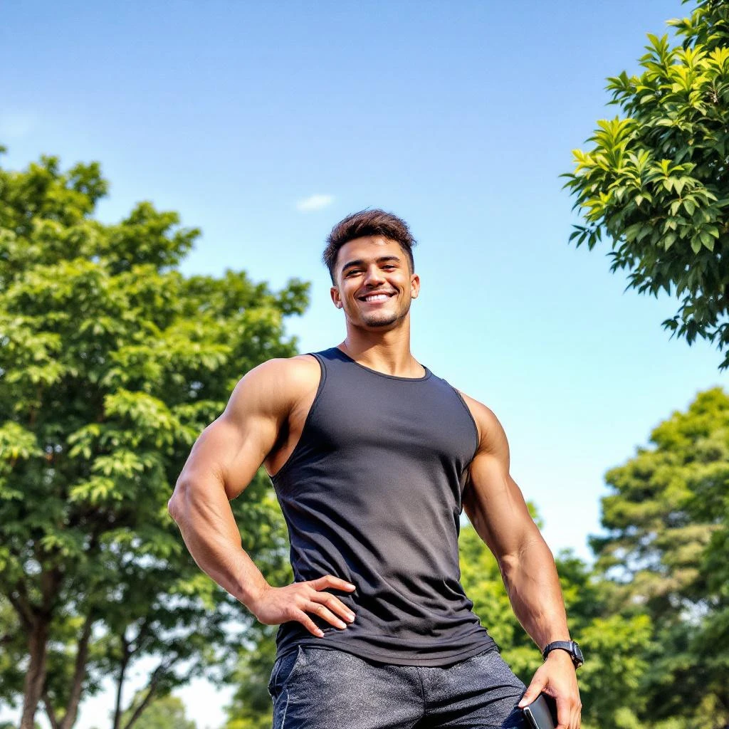 A man in a black tank top stands outdoors, smiling confidently with one hand on his hip—perfect inspiration for your next Instagram bio. Trees and blue sky provide a vibrant, natural backdrop.