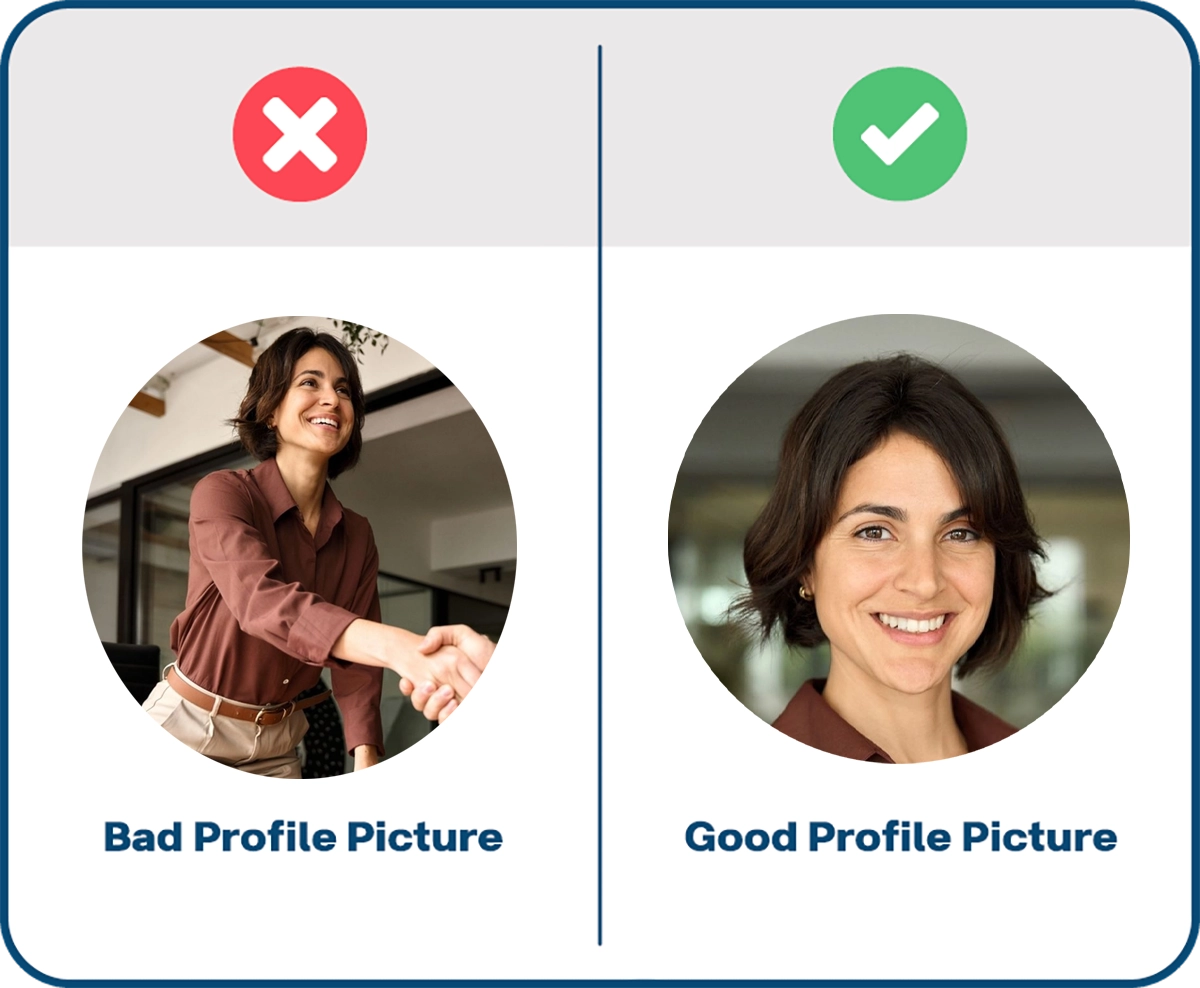Side-by-side comparison of a bad PFP with a woman shaking hands and a good profile picture featuring the same woman smiling directly at the camera.