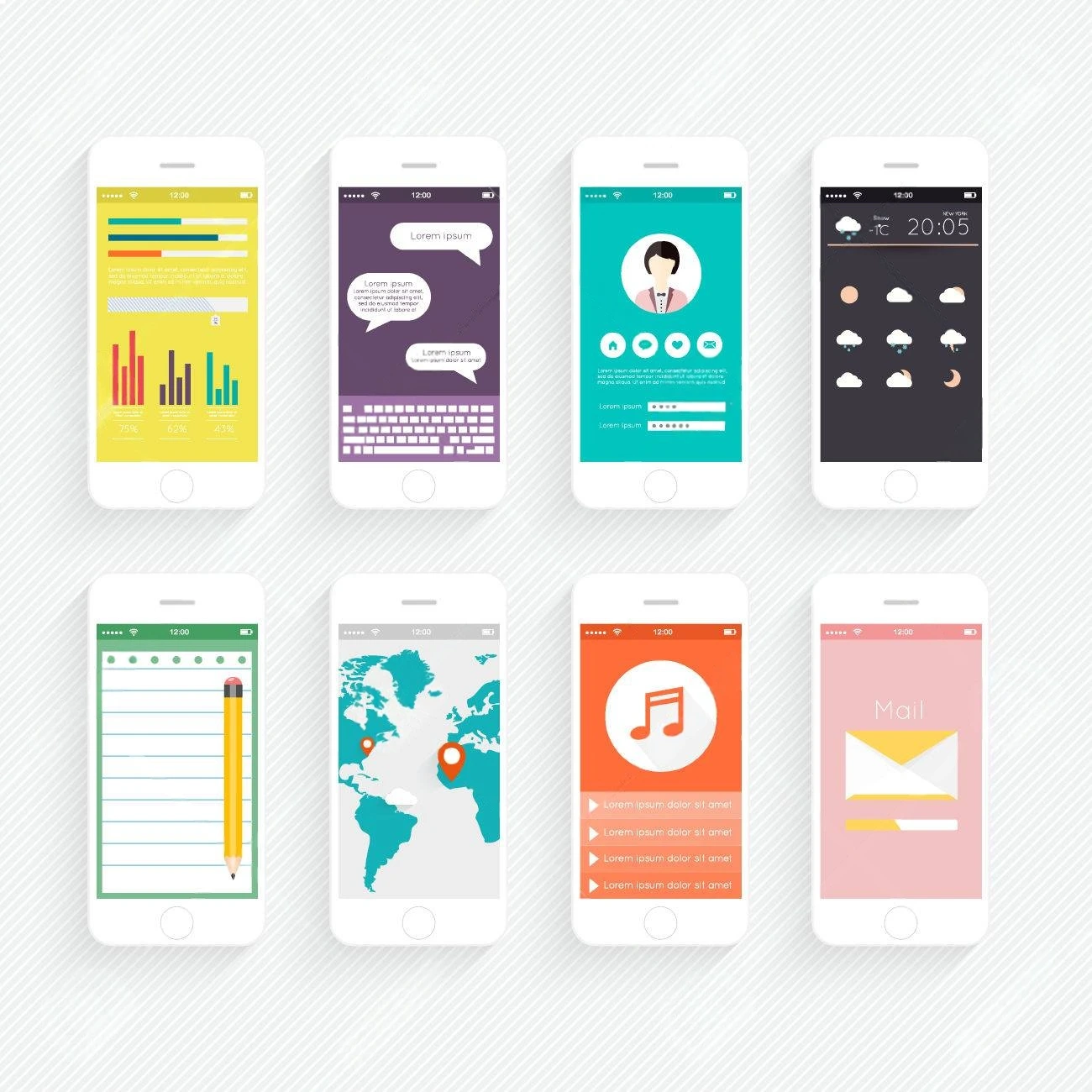Eight smartphones showcasing apps like charts, messaging, profile, weather, notes, map, music, and email are arranged in two rows on a light background—perfect for testing a caption generator.