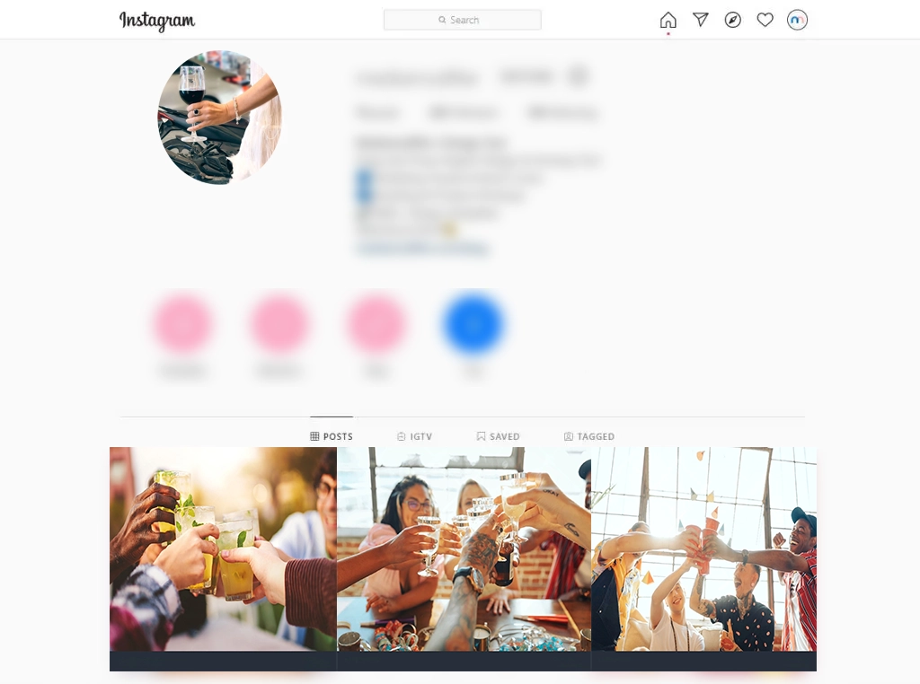 Screenshot of an Instagram profile page with a blurred PFP and icons, featuring three photos of people raising drinks in a toast.