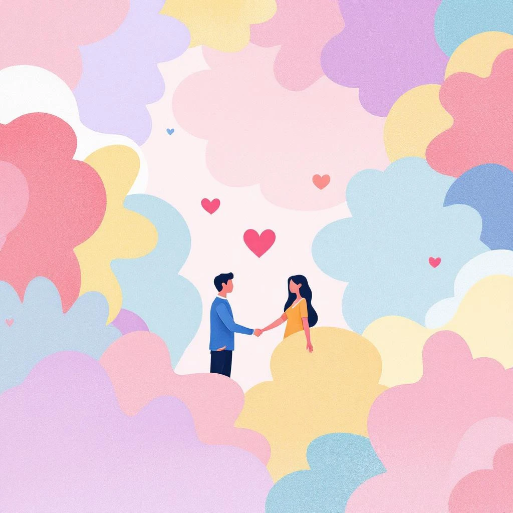 Illustration of a man and woman holding hands, surrounded by colorful clouds and floating hearts, capturing a romantic vibe—even if one doesn't follow you back on Instagram.