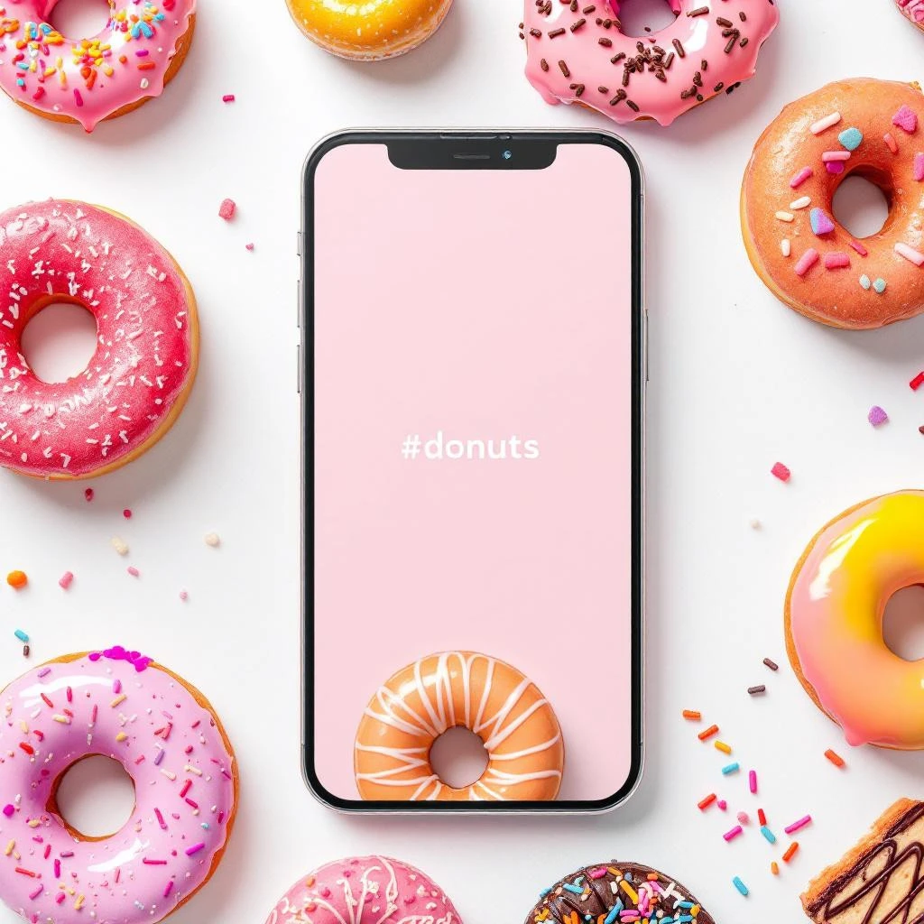 A smartphone with a pink screen displaying"#donuts" is surrounded by assorted colorful donuts with sprinkles, perfect for Instagram lovers who love to show screenshots of their sweet cravings.