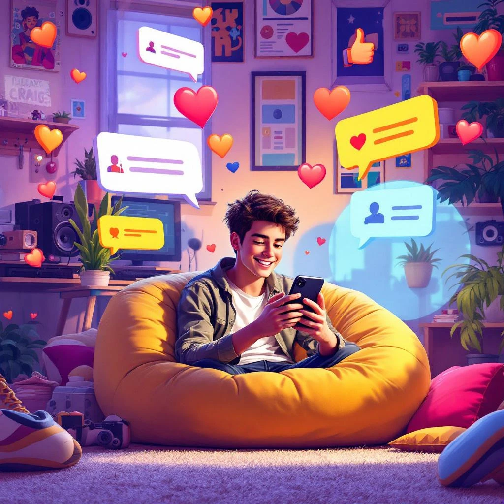 Smiling young person sits on a yellow beanbag using a smartphone, surrounded by floating social media icons and"Follow Back" chat bubbles in a cozy, colorful room.