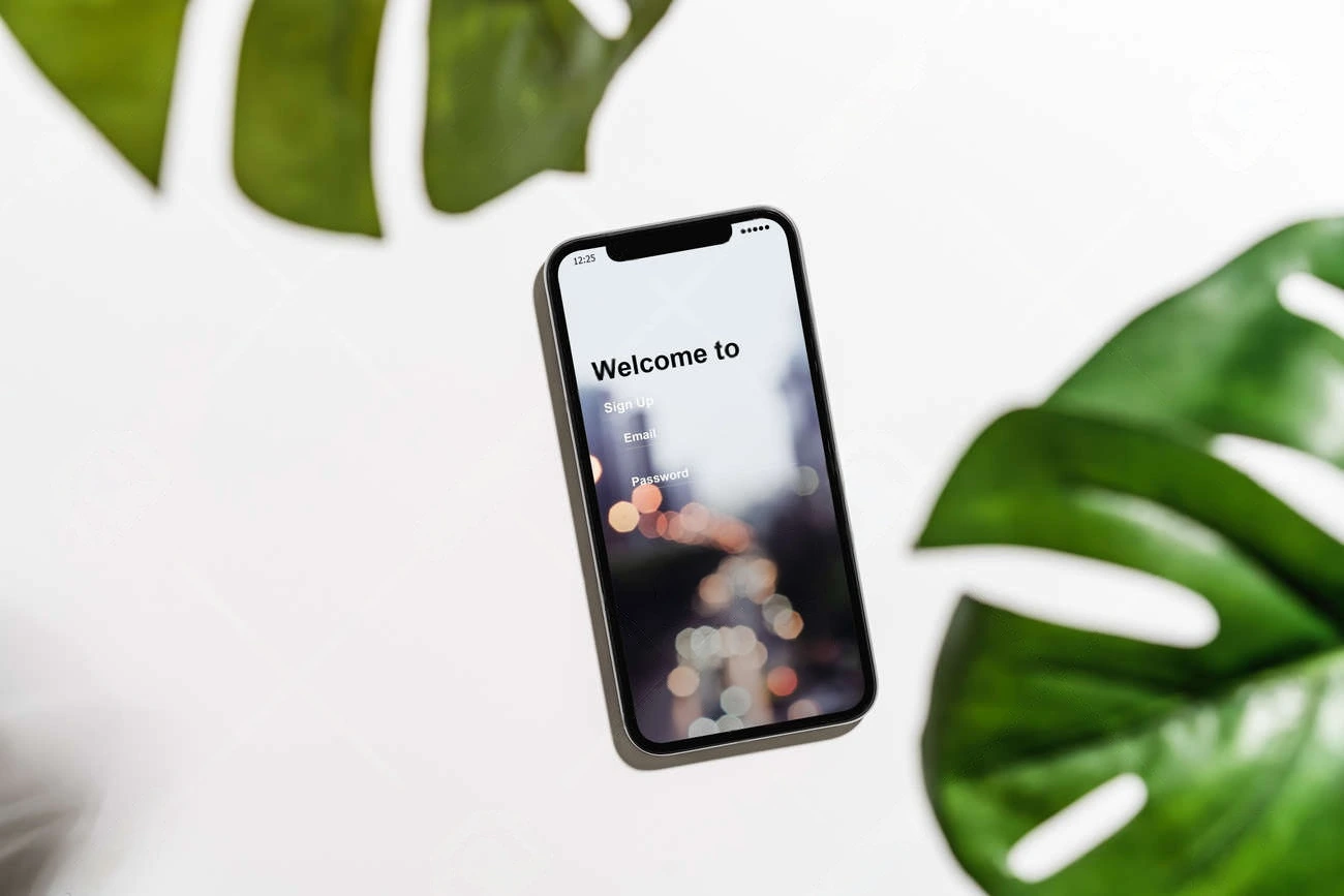 A smartphone displaying a blurred login screen with"Welcome to," fields for email and password, and IG Captions, surrounded by green leaves on a white surface.
