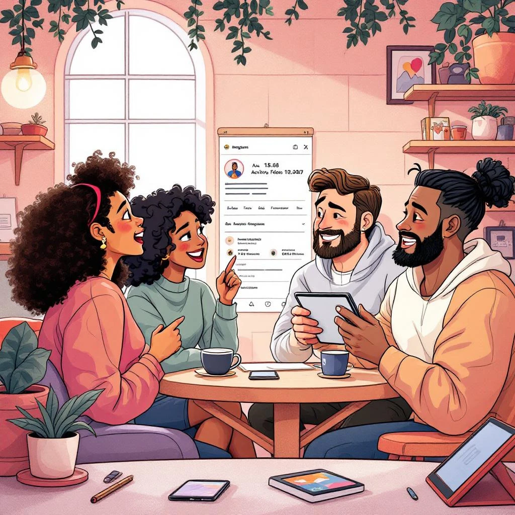 Four people sit at a table with coffee, tablets, and smartphones, discussing social media analytics—like noticing when someone doesn’t follow you back on Instagram—in a cozy, plant-filled café.