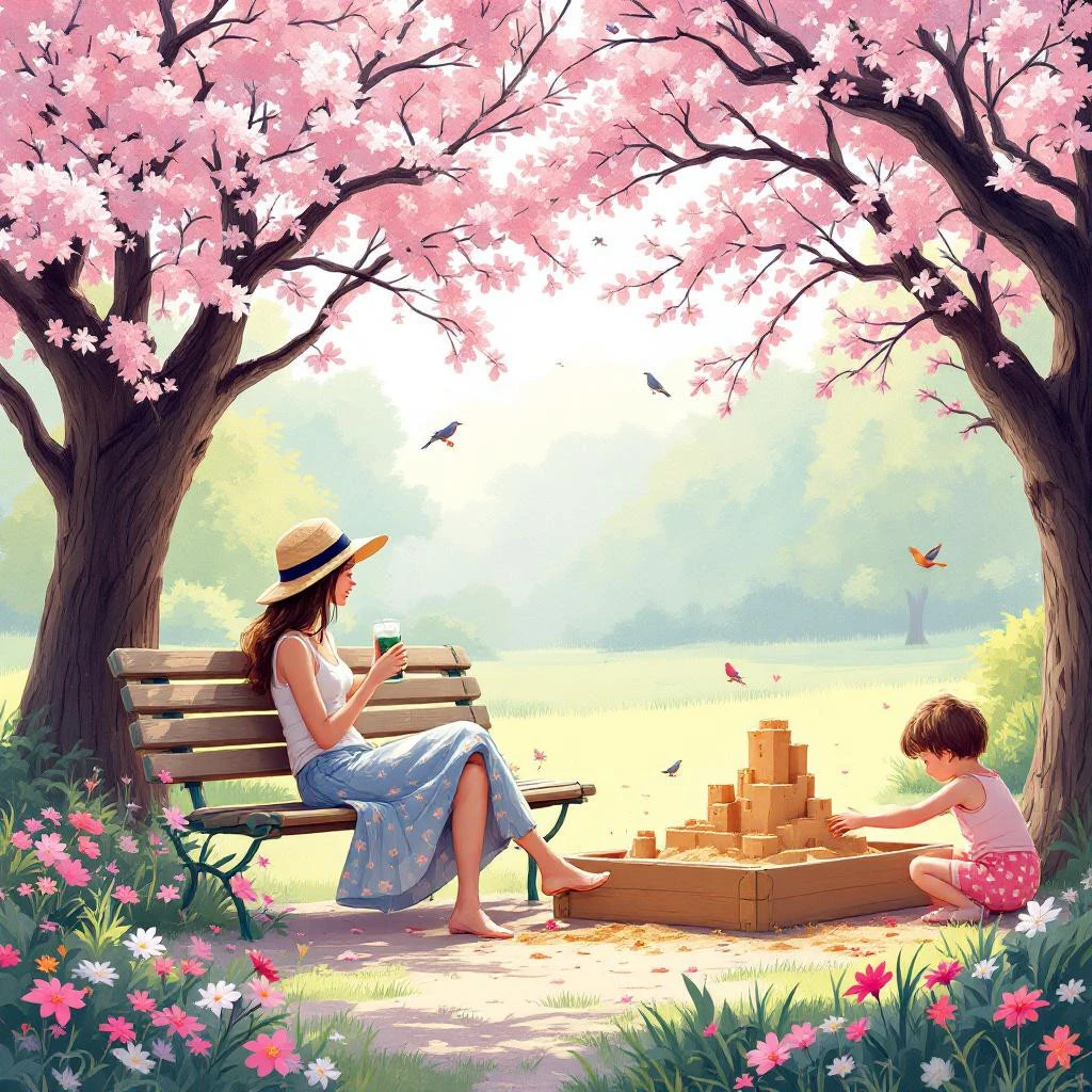 Describe a Picture: A woman sits on a bench with a drink while a child builds a sandcastle in a sandbox under blooming pink trees in a sunny park.