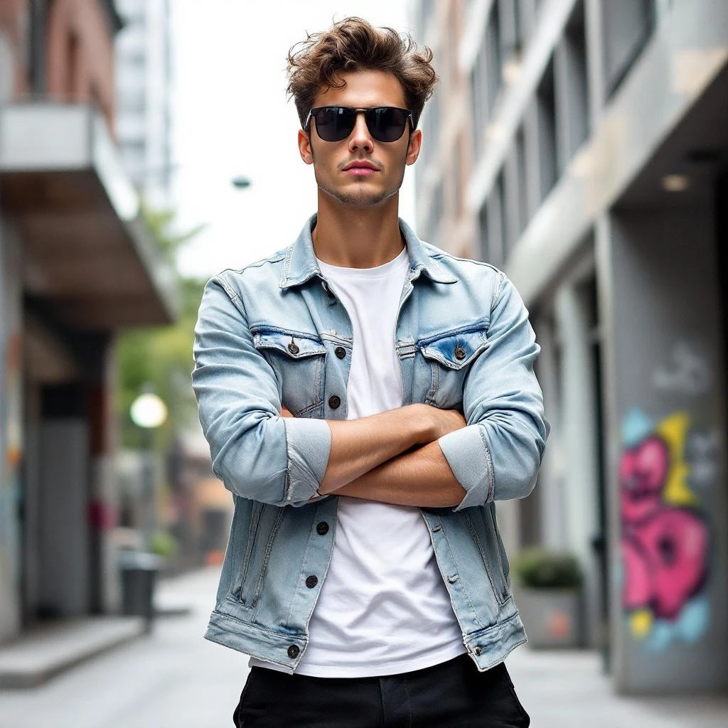 A man wearing sunglasses and a denim jacket stands with arms crossed on a city street, framed by buildings and graffiti—the perfect Instagram bio vibe.