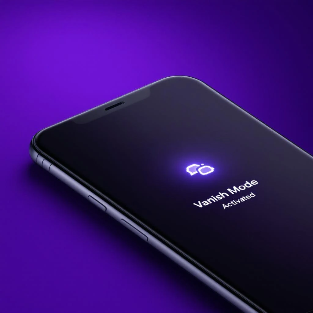 A smartphone screen displays "Vanish Mode Activated" with a cloud icon, against a purple background—perfect for when someone doesn't follow you back on Instagram.