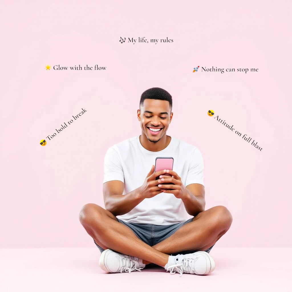 A man sits cross-legged on the floor against a pink background, smiling at his phone. Motivational phrases surround him, perfect for an Instagram Bio, such as"Glow with the flow" and"Nothing can stop me.