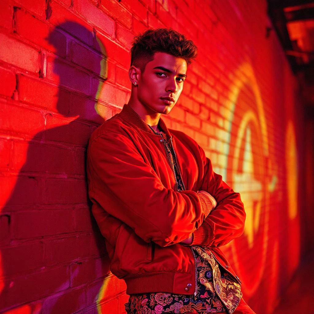 A young man in a red jacket leans with folded arms against a red brick wall under vibrant, colorful lighting—perfect for an eye-catching Instagram Bio.