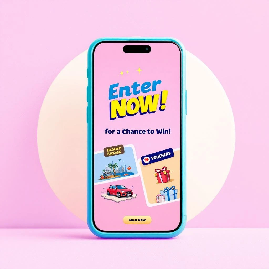 A smartphone displays a contest screen with"Enter Now! for a Chance to Win!" and images of a car, vacation package, vouchers, and gifts on a pink background&mdash;plus a prompt to Follow Back for extra entries.