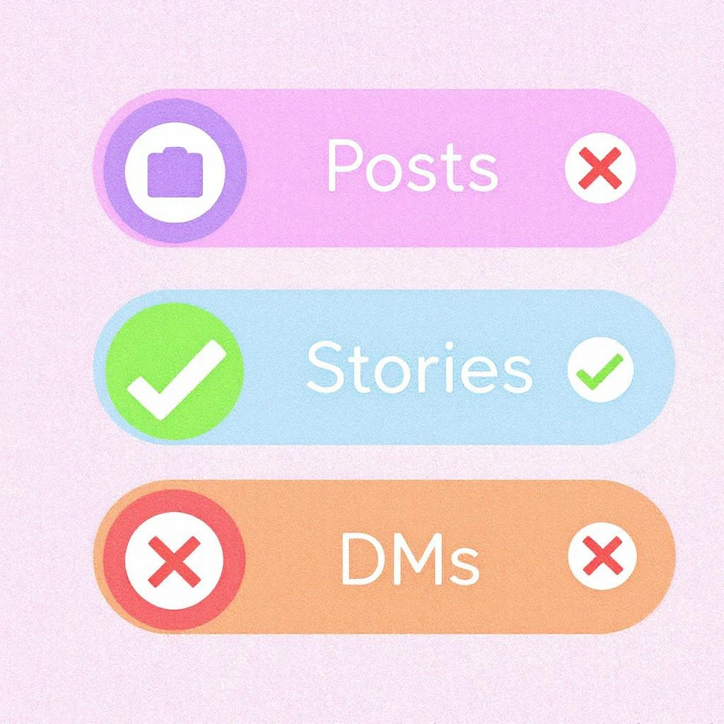 Three labeled buttons—"Posts" and"DMs" with red X marks,"Stories" with a green check mark—display on a pastel background, illustrating how Instagram Show Screenshots works for different features.