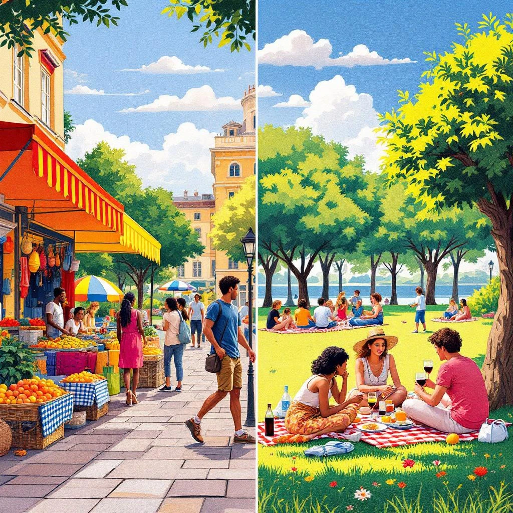Describe a Picture: A split image captures the energy of a bustling outdoor market on the left and, on the right, several groups relaxing with picnics in a sunlit park.