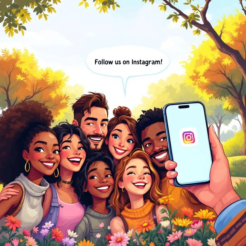 A group of smiling people pose for a photo outdoors, with a hand holding a phone displaying the Instagram logo and a speech bubble saying,"Follow us—even if someone Doesn’t Follow You Back on Instagram!.