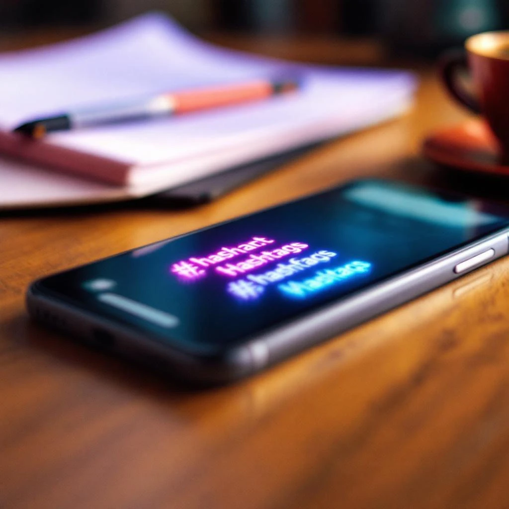 A smartphone displaying colorful hashtags and a"Follow Back" notification rests on a wooden desk near a notebook, pen, and cup.