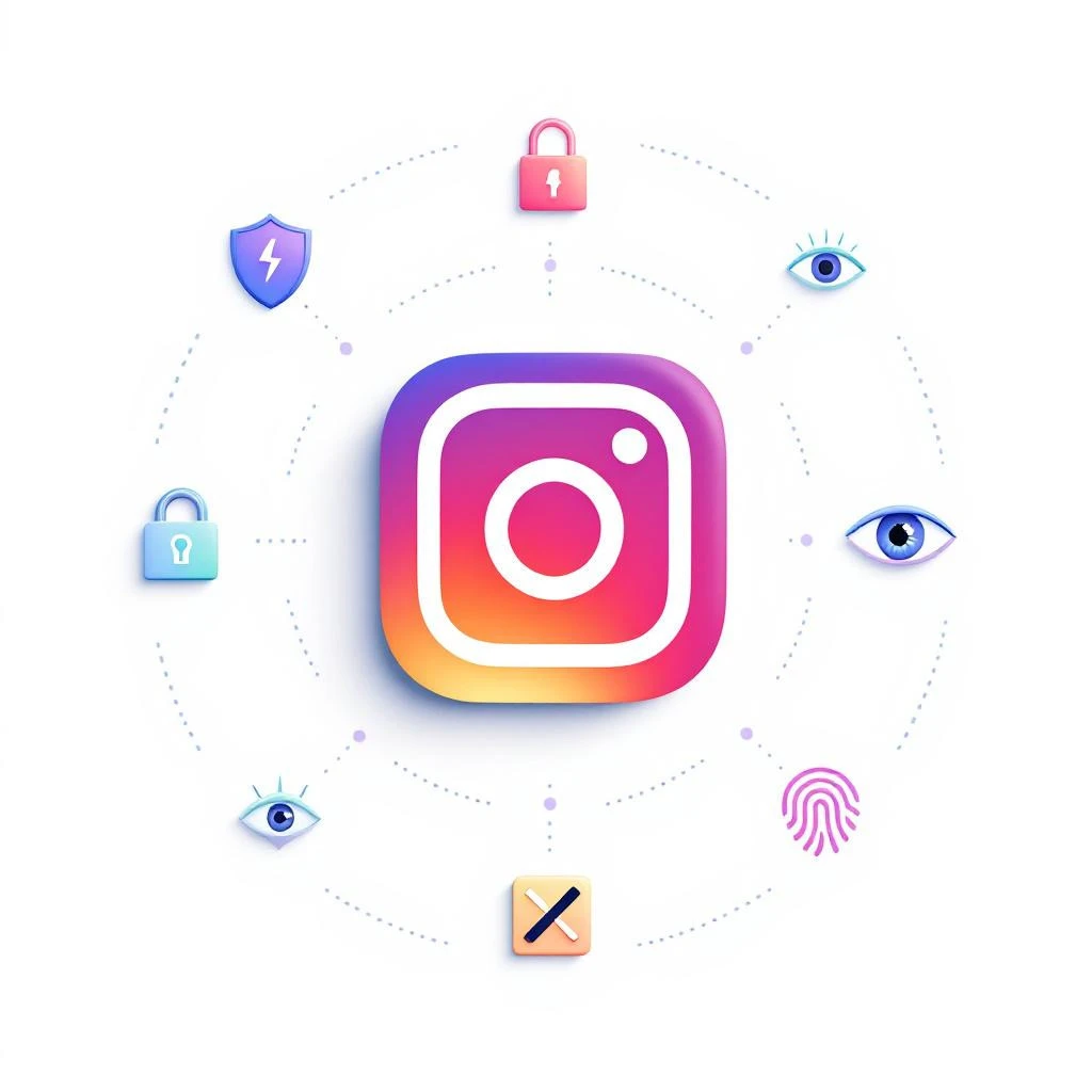 Instagram logo in the center surrounded by icons representing security, privacy, lock, eyes, fingerprint, a cross symbol, and an alert for users who Doesn't Follow You Back on Instagram—all on a white background.