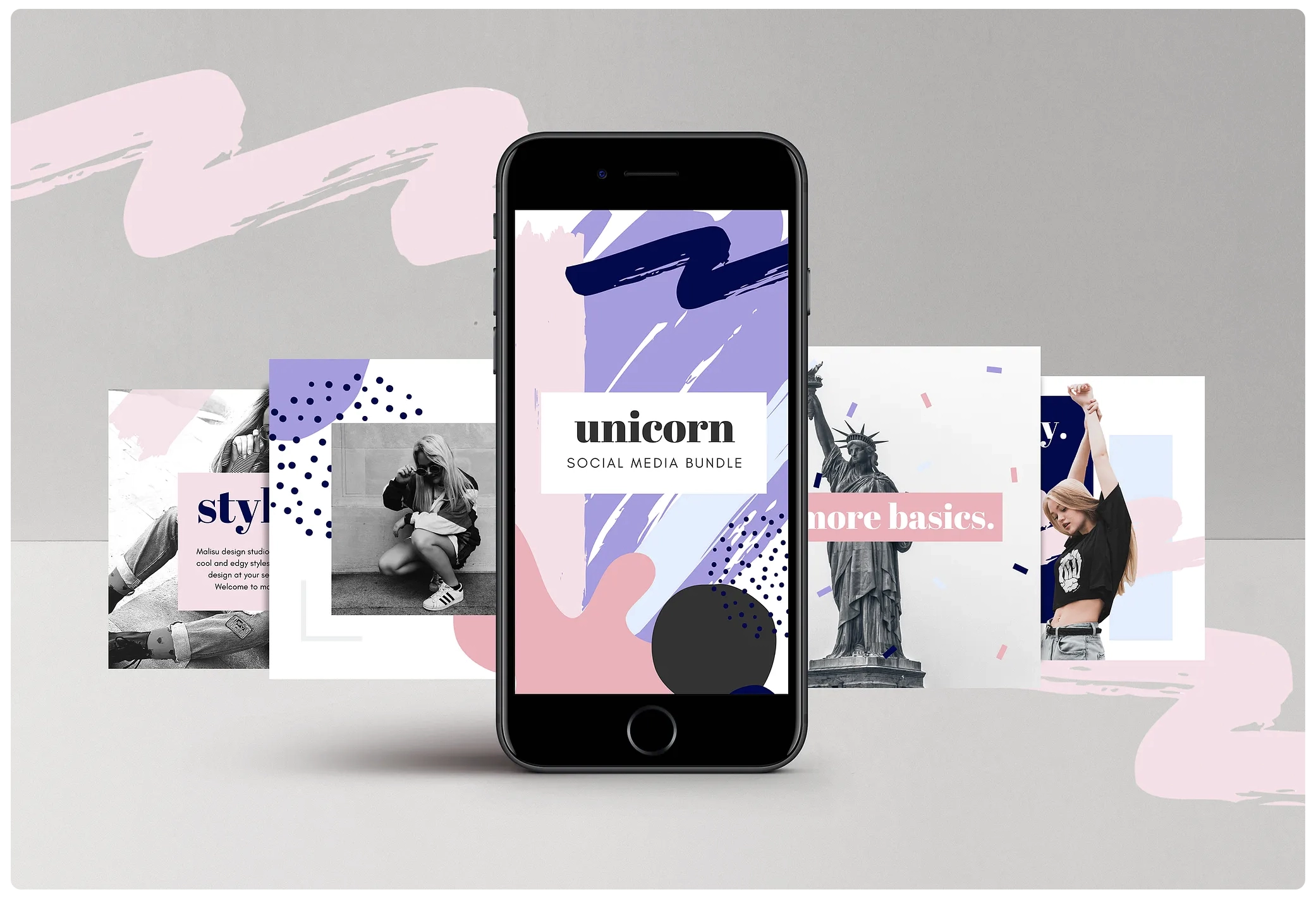 A smartphone displays"unicorn social media bundle" with abstract pastel graphics, standing in front of various modern social media post designs and creative IG Captions.