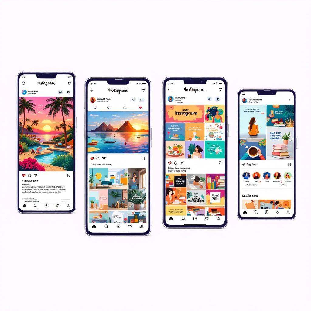 Four smartphones display Instagram feeds with colorful illustrations—sunsets, beaches, books, indoor plants, and carousel posts—all set against a plain white background, perfect inspiration for your next Instagram bio.