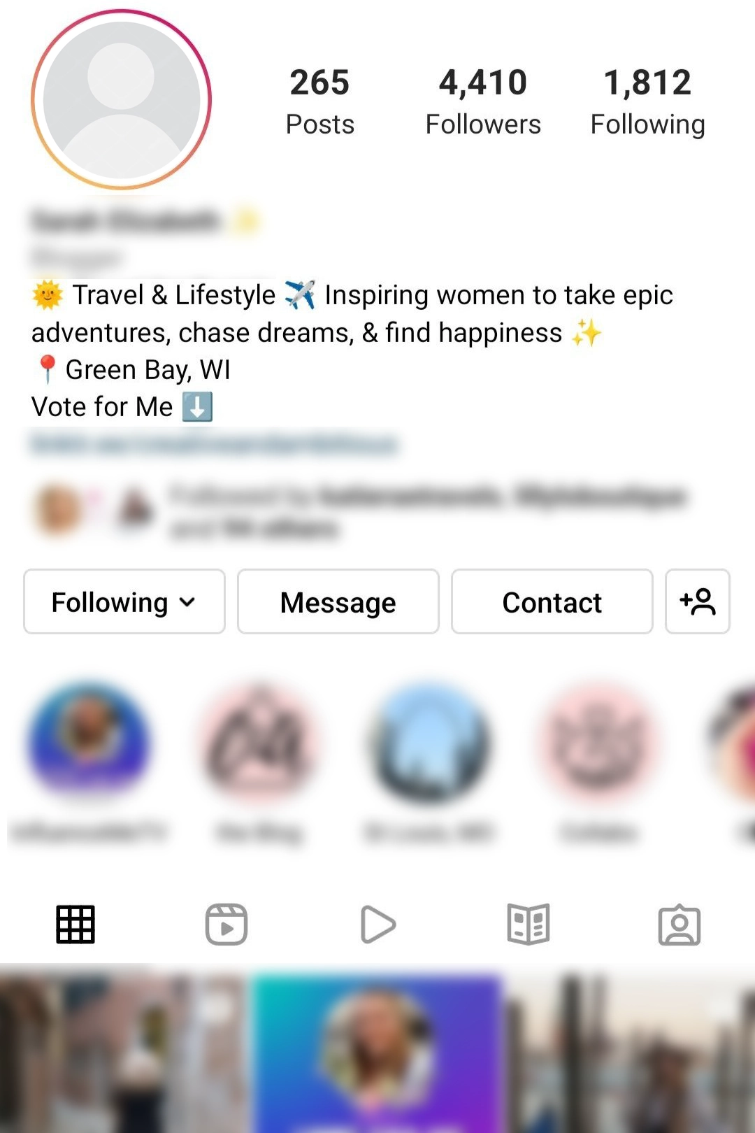 Instagram profile with a vibrant PFP, 265 posts, 4,410 followers, and 1,812 following. Bio features travel, lifestyle tips, Green Bay, WI location, and a request to vote. Profile photo and story highlights are on display.