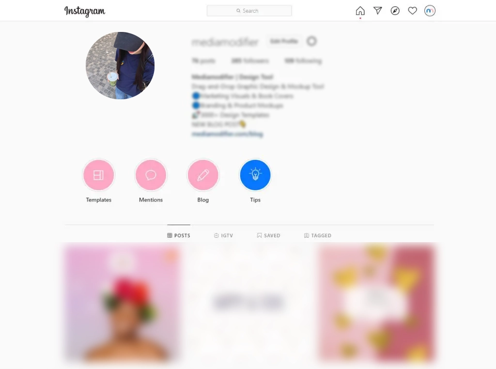Screenshot of an Instagram profile with a clear PFP, bio, highlights, and blurred images in the posts section.