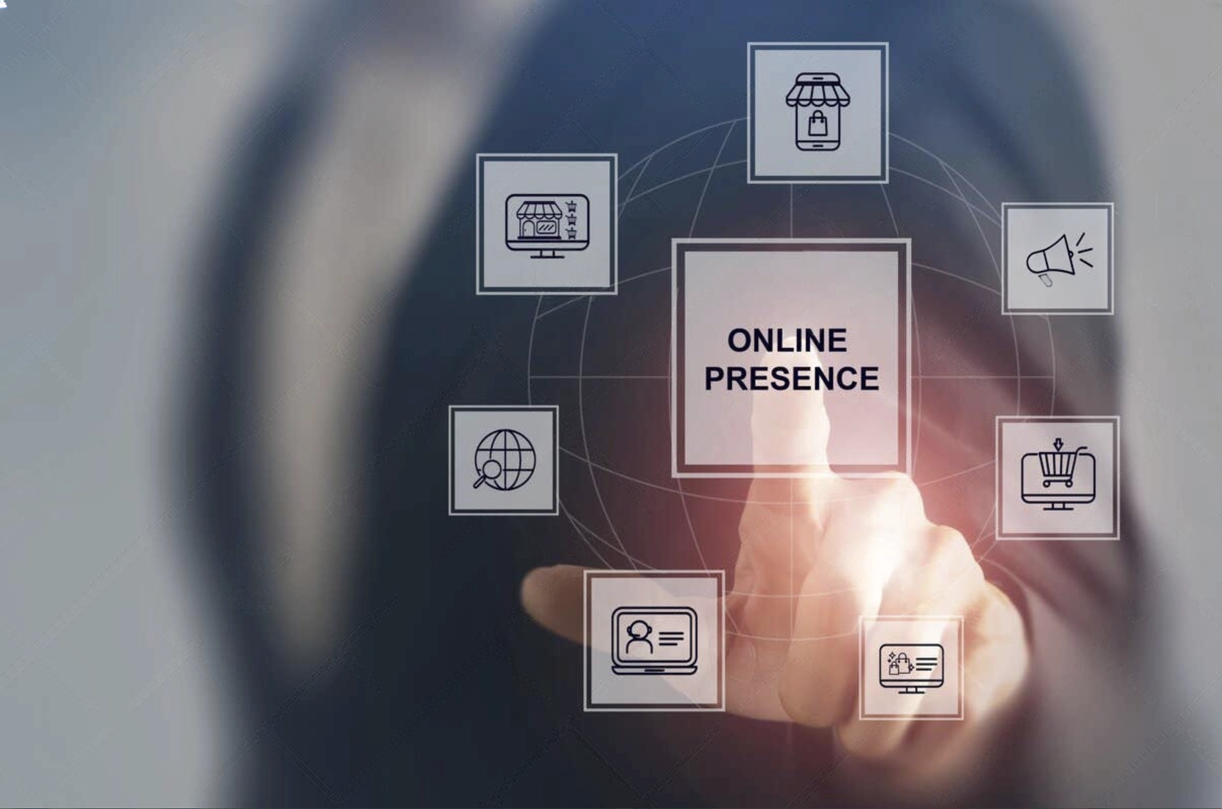 A person touches a transparent digital screen displaying"ONLINE PRESENCE," surrounded by icons for e-commerce, social media, PFP, and digital marketing.