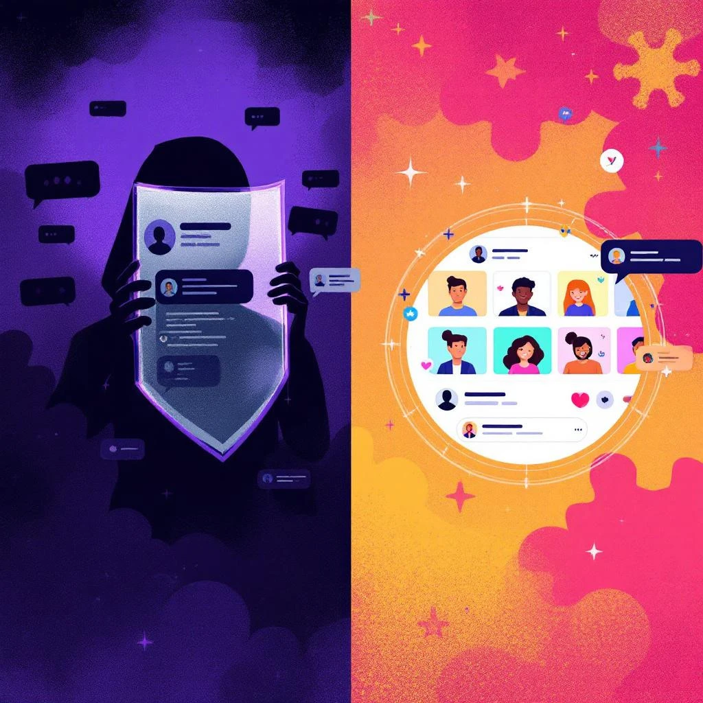 Illustration split in two: left side shows a shadowy figure holding a shield with anonymous profiles; right side highlights bright, connected social media profiles and"Follow Back" interactions.