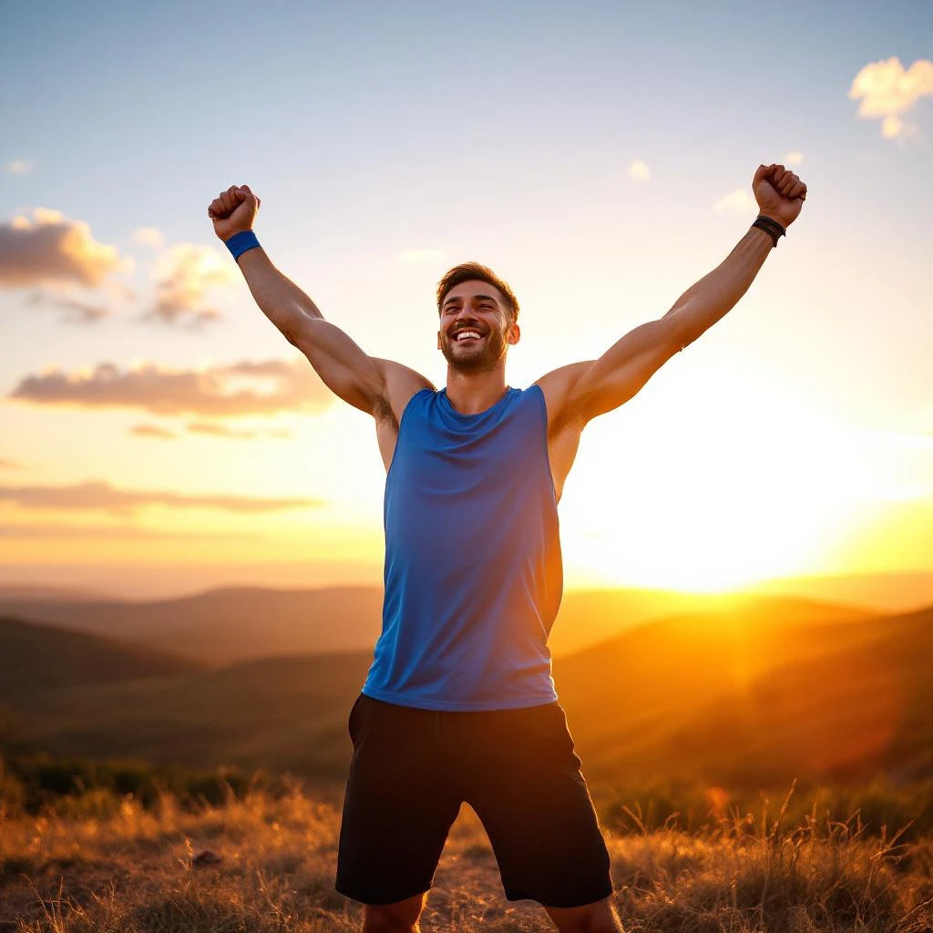 A man in athletic wear stands outdoors with arms raised, smiling at sunset over rolling hills—perfect for an inspiring Instagram Bio.