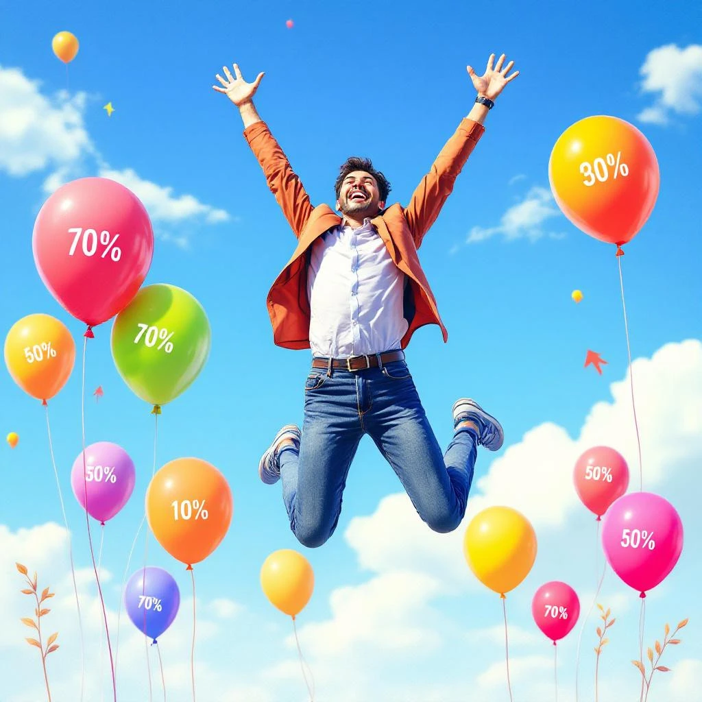 A man in casual clothes jumps joyfully among colorful balloons marked with various percentage values and a playful"Follow Back" message against a blue sky with clouds.