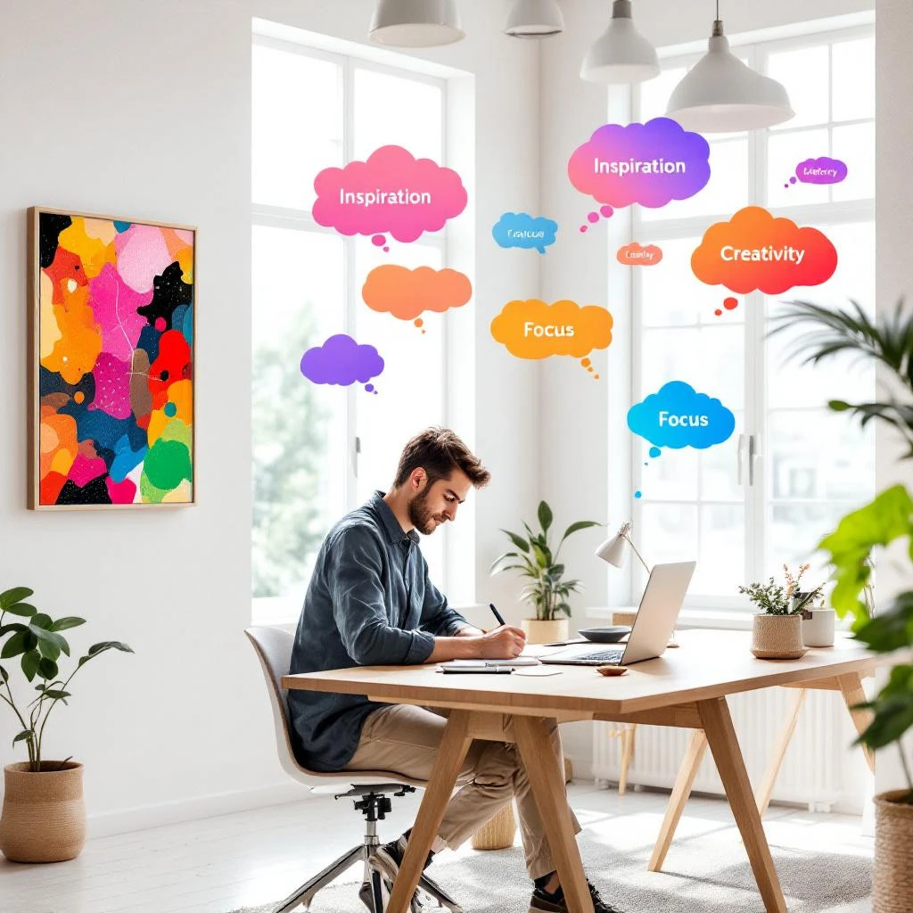 Describe a Picture: A man works at a desk with a laptop in a bright, modern room; colorful thought bubbles labeled"Inspiration,""Focus," and"Creativity" float above him.
