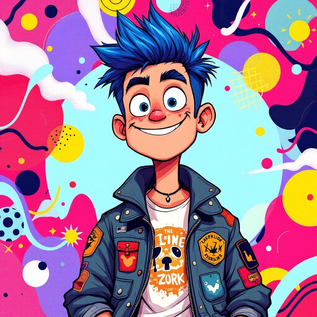 An animated character with spiky blue hair and a wide smile wears a patched jacket, standing against a colorful, abstract background—perfect for unique PFP ideas.
