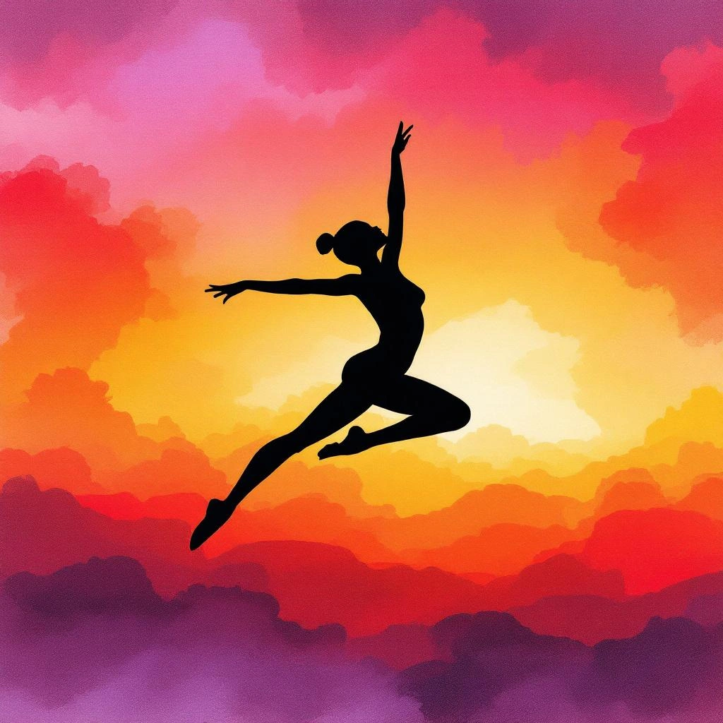 Silhouette of a dancer leaping gracefully against a vibrant sunset sky with shades of orange, pink, and purple clouds—perfect for unique PFP ideas.