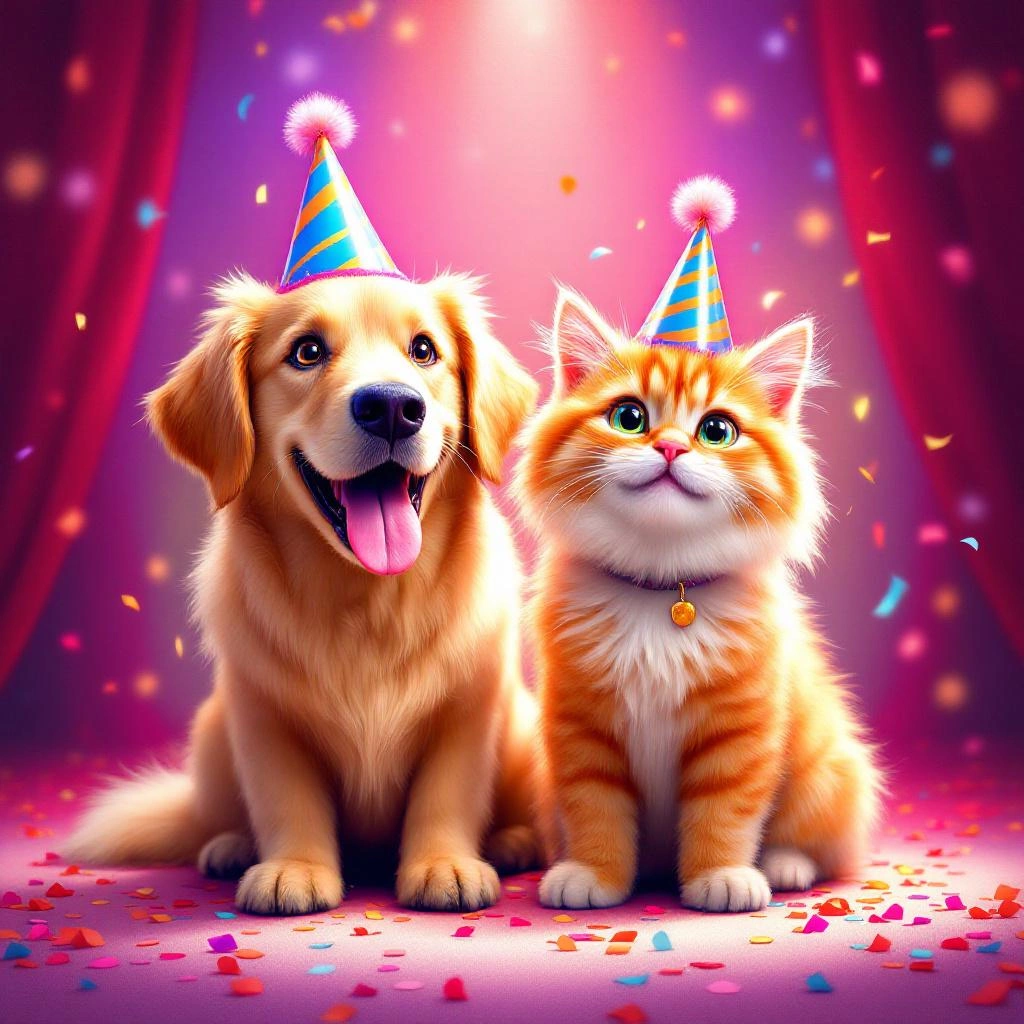 A golden retriever and an orange tabby cat wearing party hats sit side by side amid colorful confetti, with a festive background and red curtains—perfect PFP ideas for anyone who loves fun, cheerful pet moments.
