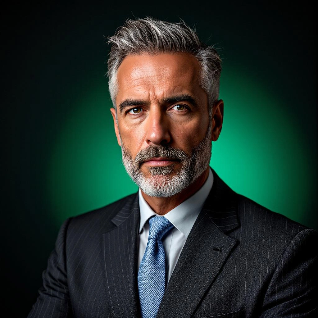 A middle-aged man with gray hair and a beard, wearing a pinstripe suit and blue tie, poses against a dark green background—perfect for those seeking classic PFP ideas.