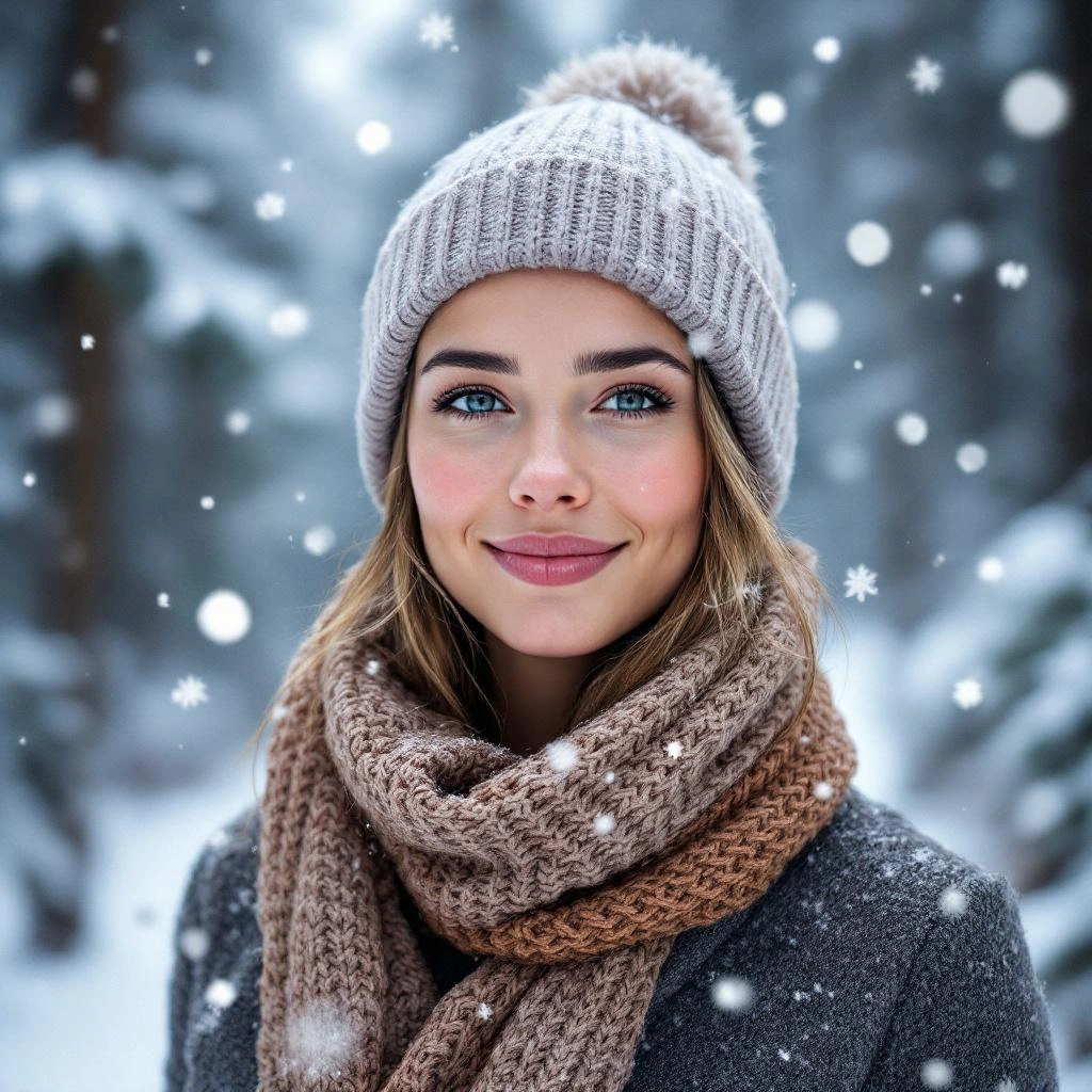 A woman wearing a knit hat and scarf stands outside in a snowy forest, smiling as snowflakes fall around her—perfect inspiration for cozy winter PFP ideas.