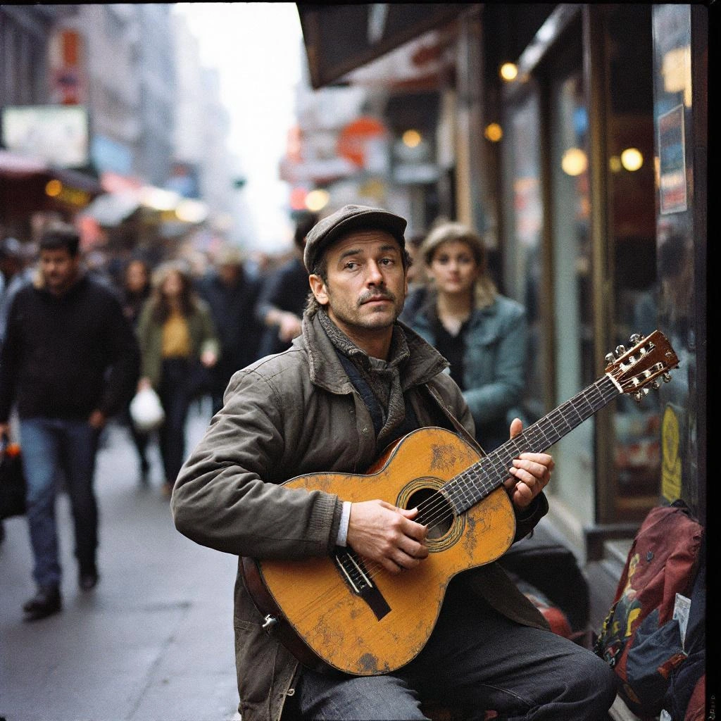 A man sits on a busy city street playing an acoustic guitar, with pedestrians walking by and storefronts in the background—perfect inspiration for unique PFP ideas.
