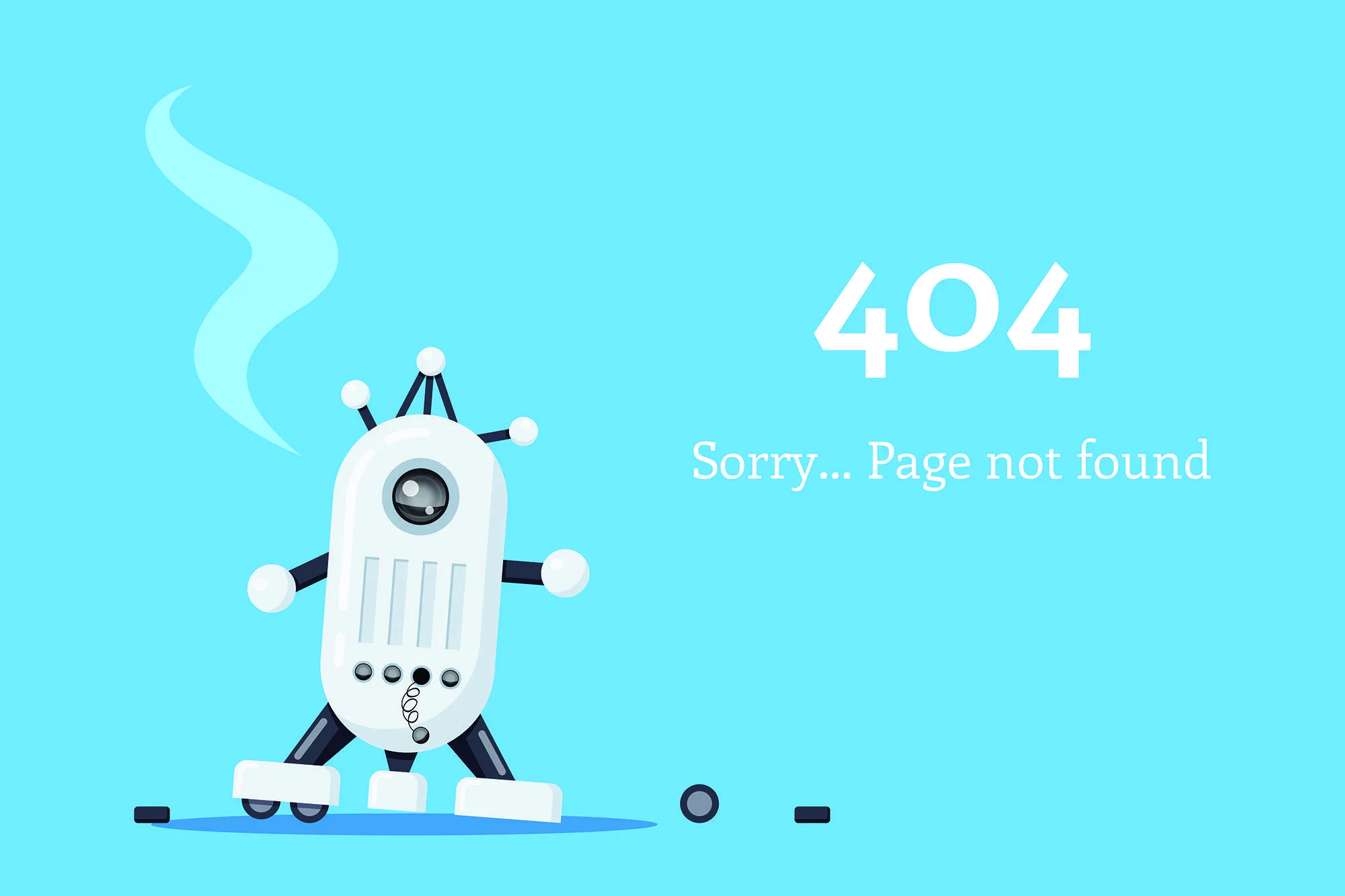 Cartoon robot with missing parts stands next to "404 Sorry... Page not found" text on a blue background.