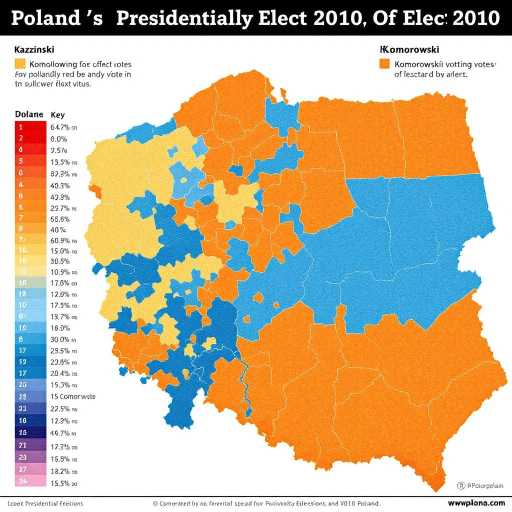 Image Descriptions: Map of Poland showing 2010 presidential election results by county—orange for Komorowski majority, blue for Kaczyński majority—with a key indicating vote percentage ranges.