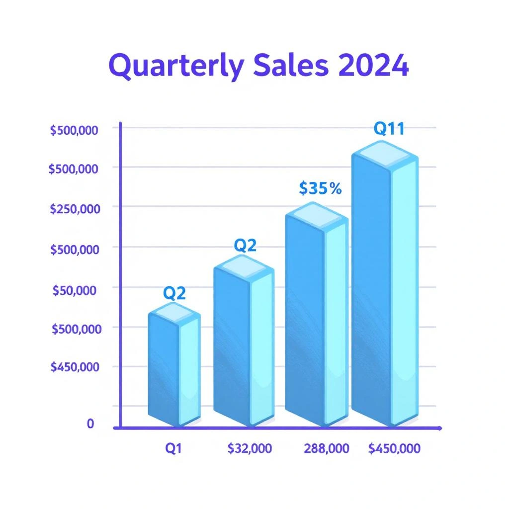 A bar graph titled"Quarterly Sales 2024" includes image descriptions, illustrating rising sales from Q1 ($32,000) to Q3 ($450,000), with Q2 at $288,000 and a 35% increase highlighted between Q2 and Q3.