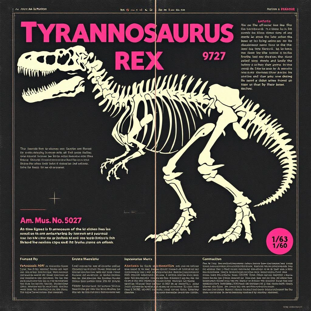 Diagram of a Tyrannosaurus rex skeleton displayed on a dark background, featuring pink and white text with Image Descriptions detailing the dinosaur and its museum exhibit number.