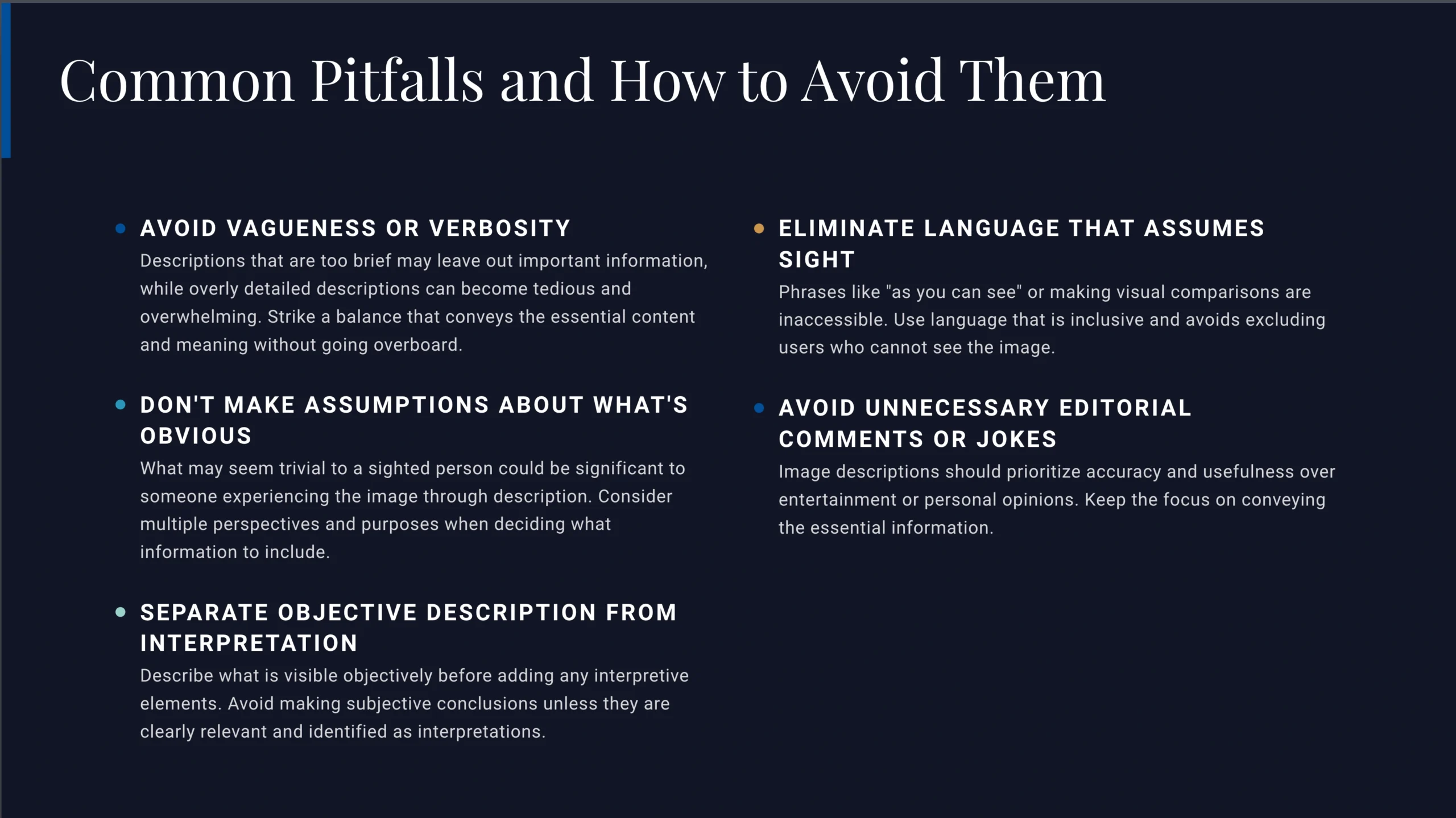 A dark-themed informational slide titled"Common Pitfalls and How to Avoid Them," featuring four pitfalls—with brief descriptions, tips for improvement, and a focus on clarity in image descriptions.