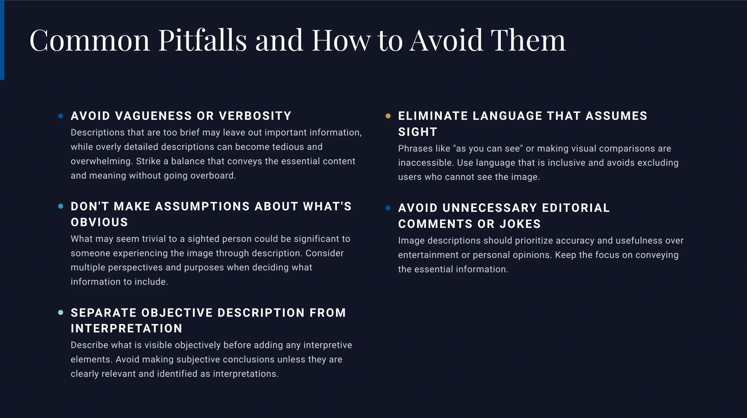 A slide titled"Common Pitfalls and How to Avoid Them" lists tips for writing effective Image Descriptions, emphasizing clarity, objectivity, and steering clear of assumptions or unnecessary commentary.