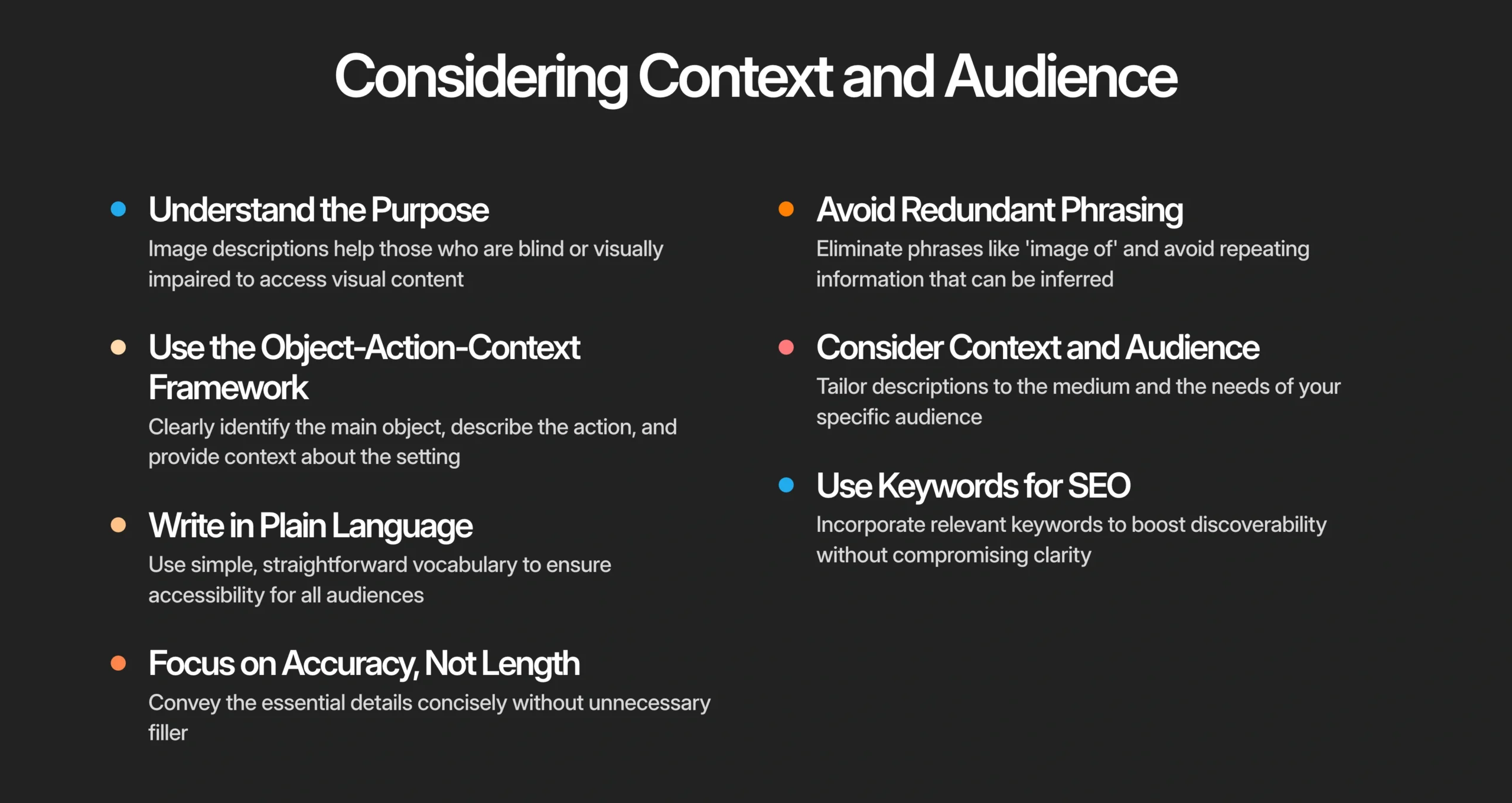 A slide titled"Considering Context and Audience" lists key points for writing an effective image description, including purpose, structure, language, accuracy, phrasing, audience, and SEO.