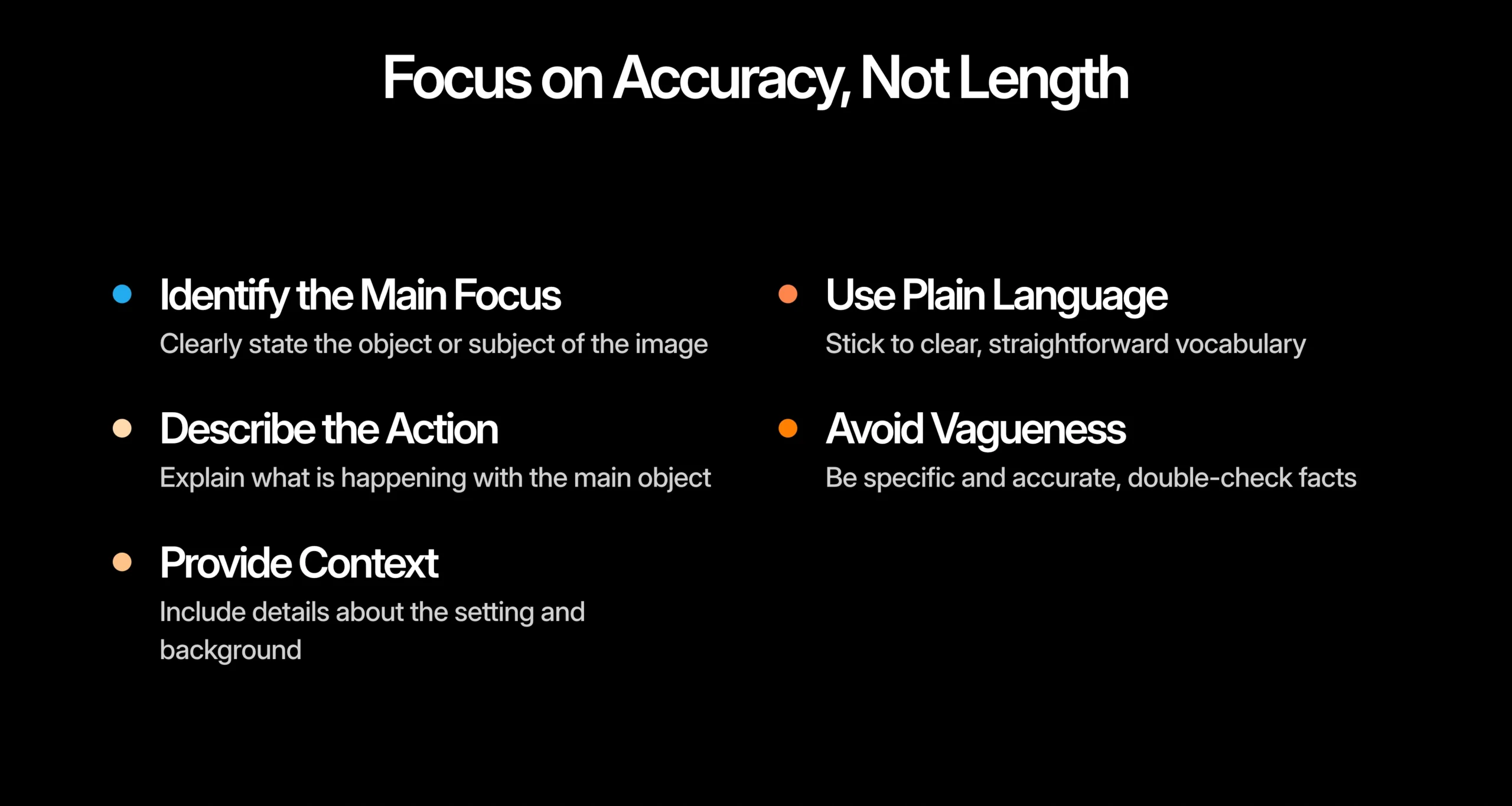 A slide titled"Focus on Accuracy, Not Length" lists Image Description tips for writing alt text, such as identifying focus, describing action, providing context, using plain language, and avoiding vagueness.