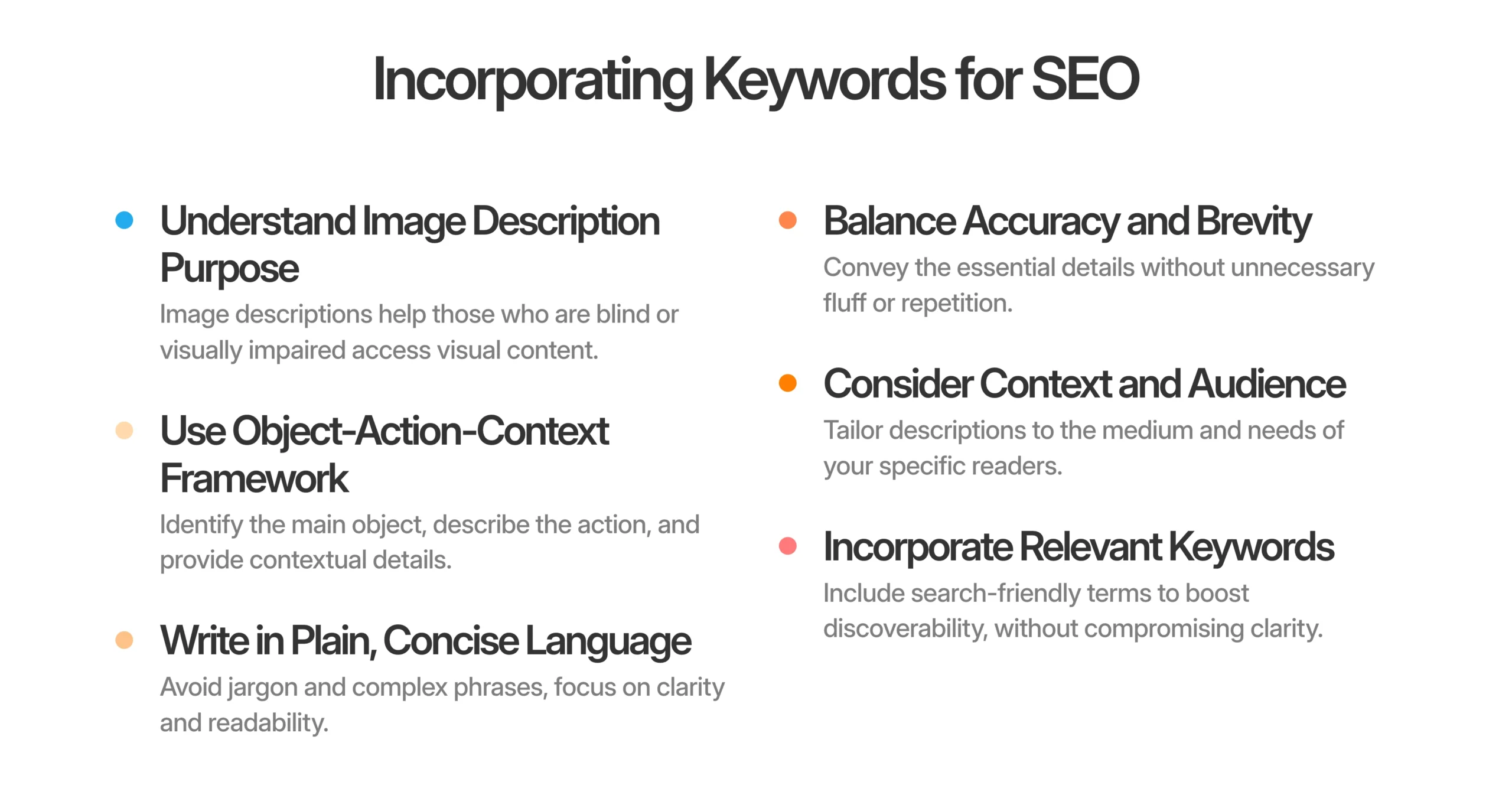 A slide titled"Incorporating Keywords for SEO" lists six tips for writing an effective Image Description, including clarity, accuracy, context, brevity, and strategic keyword use.