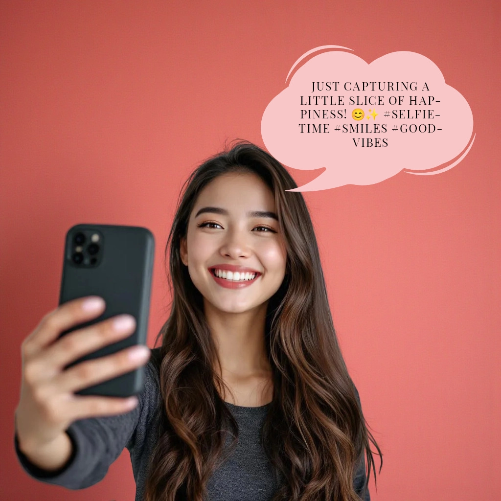 A young woman stands against a coral wall, smiling and taking a selfie with her smartphone. A speech bubble next to her reads, “Just capturing a little slice of happiness!”.