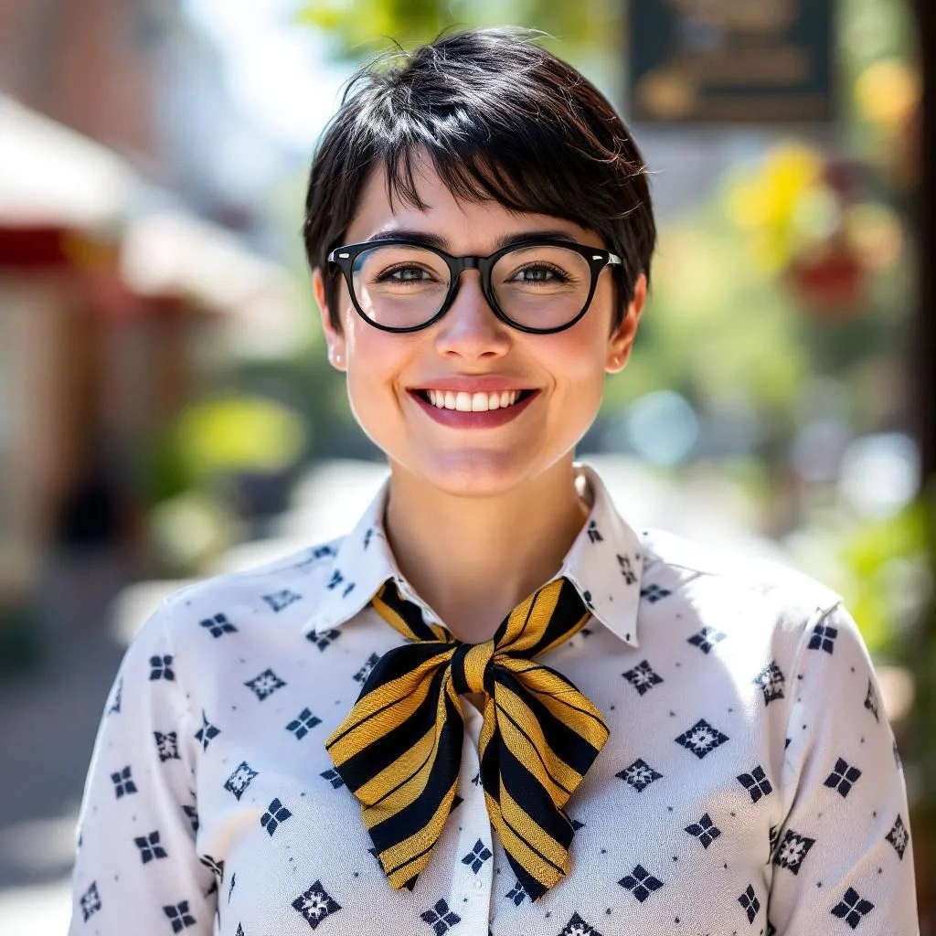 Smiling person with short dark hair and glasses wearing a patterned shirt and a yellow-and-black striped scarf, standing outdoors on a sunny day—a great example of clear Image Descriptions.