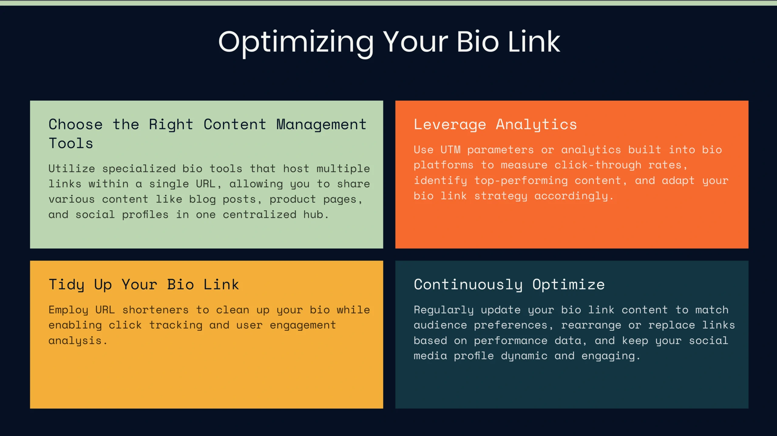 A graphic titled"Optimizing Your Bio Link" lists four tips: choosing content management tools, leveraging Link in Bio analytics, tidying links, and continuously optimizing based on performance.