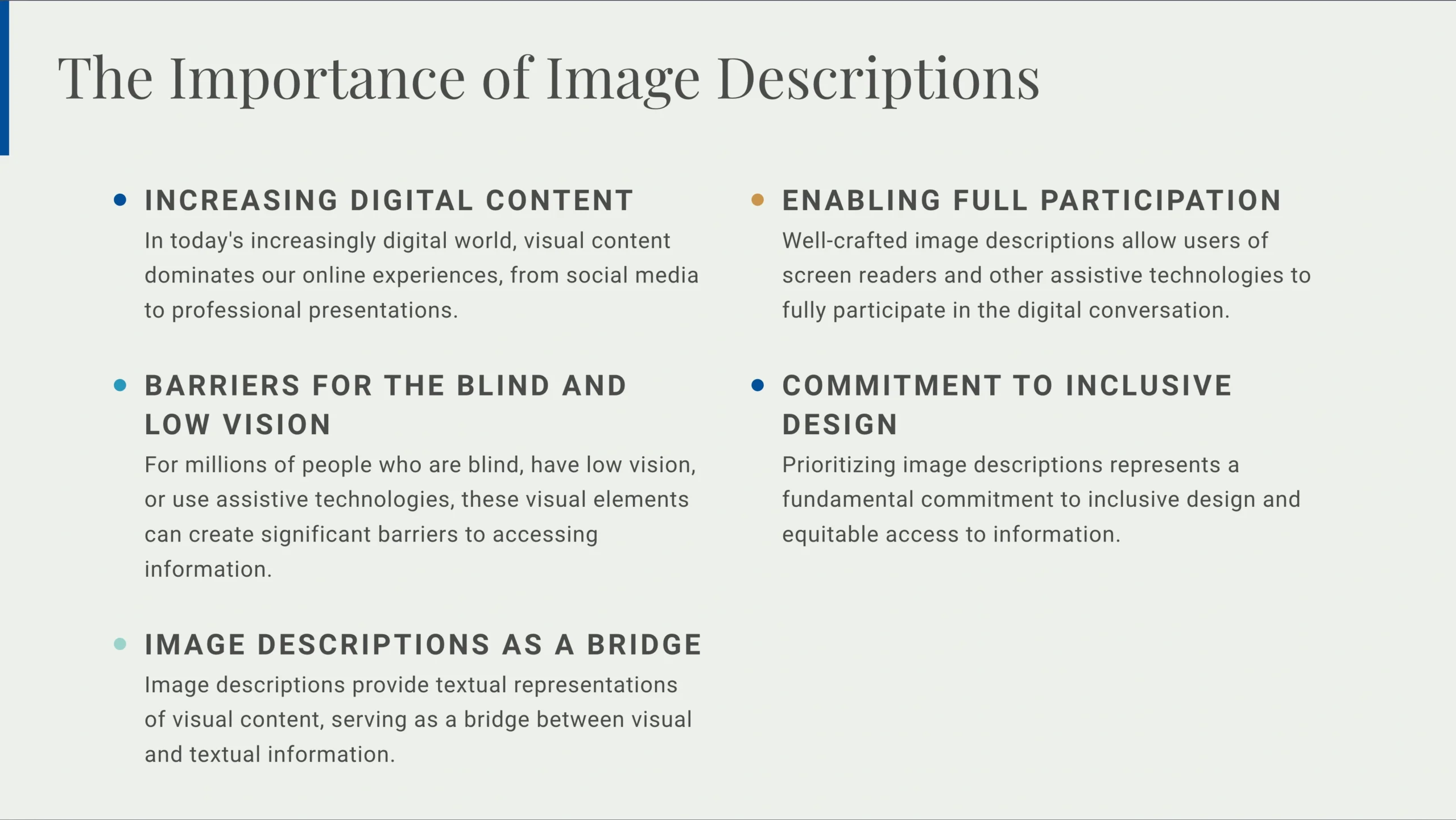 A slide titled"The Importance of Image Descriptions" lists five key points explaining how Image Descriptions promote digital inclusion and accessibility.