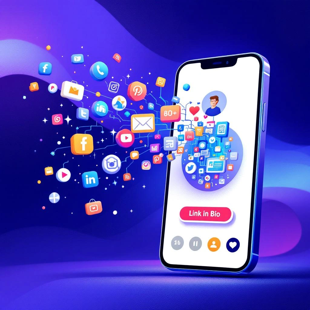 A smartphone displays a user profile, with numerous social media and app icons—including a "Link in Bio" icon—emerging from the screen against a blue and purple gradient background.
